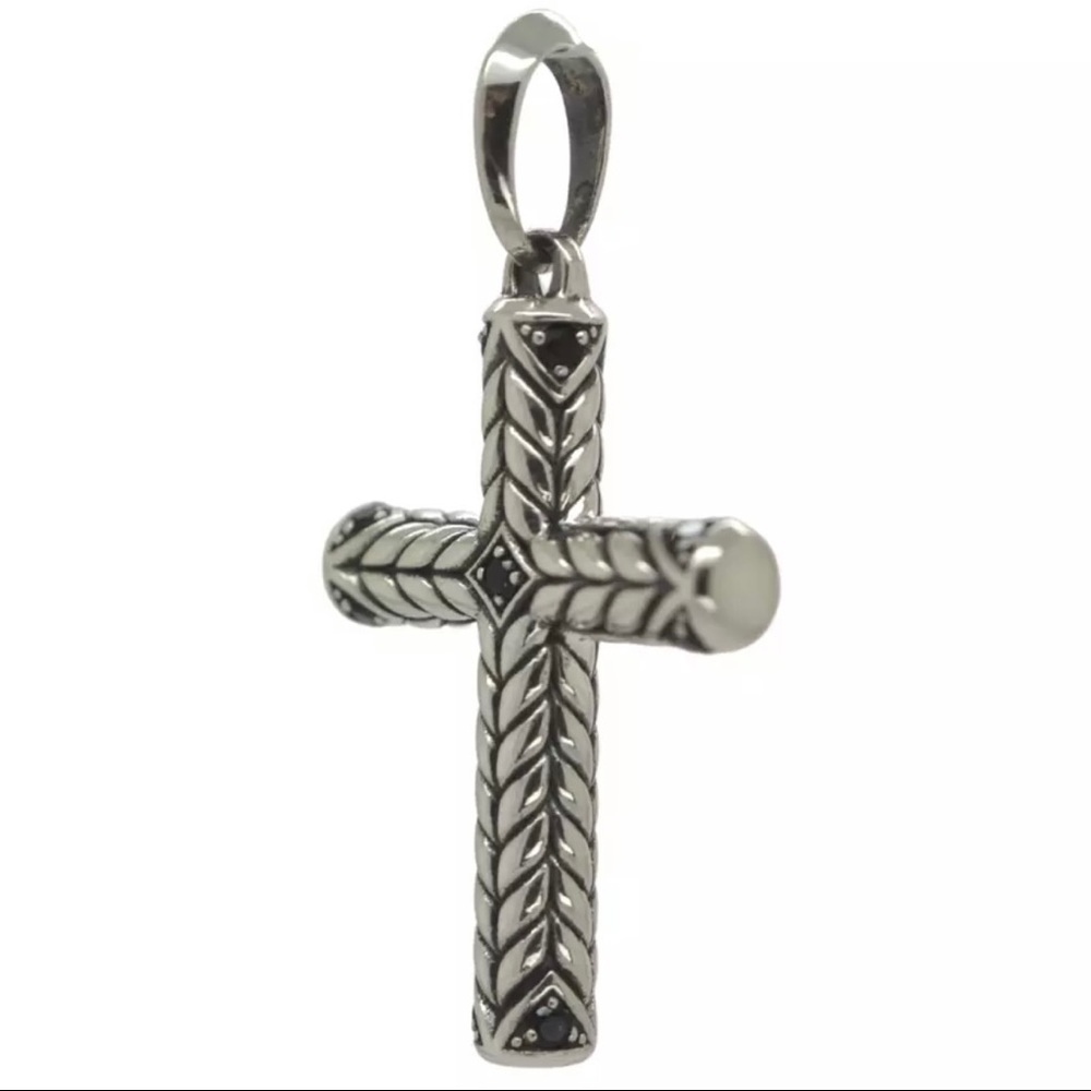 David Yurman 925 Silver Chevron Black Pave Diamonds Sculpted Cross Pendant - Picture 2 of 6
